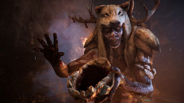 Character from Far Cry Primal. He is in an outfit made of animal skin and bones and is holding a bone bowl filled with a liquid.