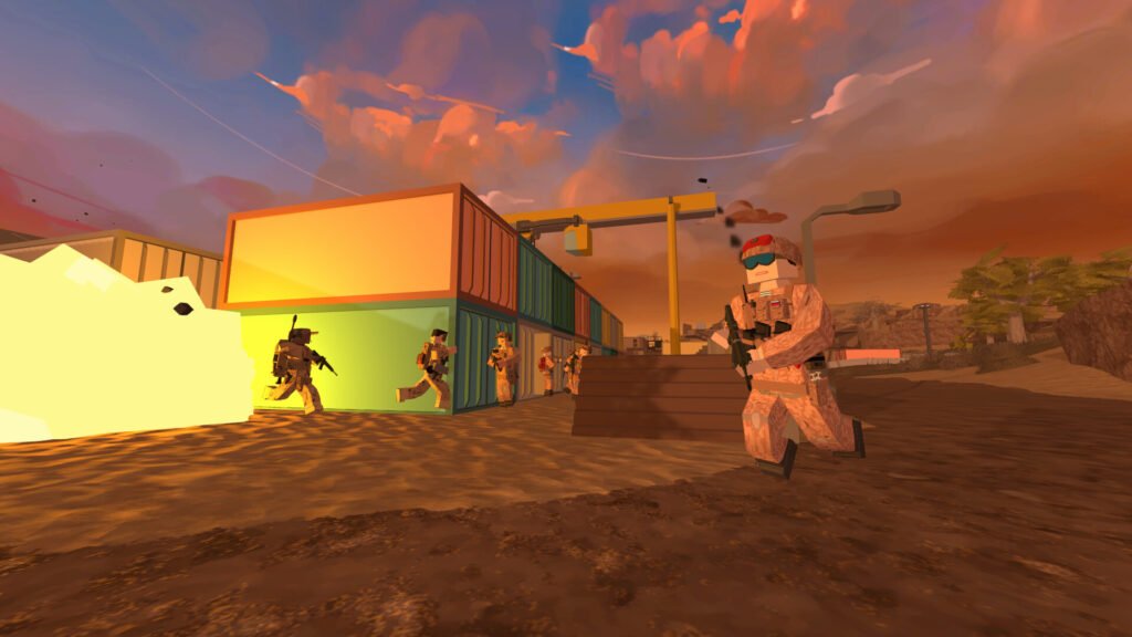 Cartoon block-styled man runs in front of other block-styled men in the background. Each are carrying weapons. An explosion is going off in the background near the men.