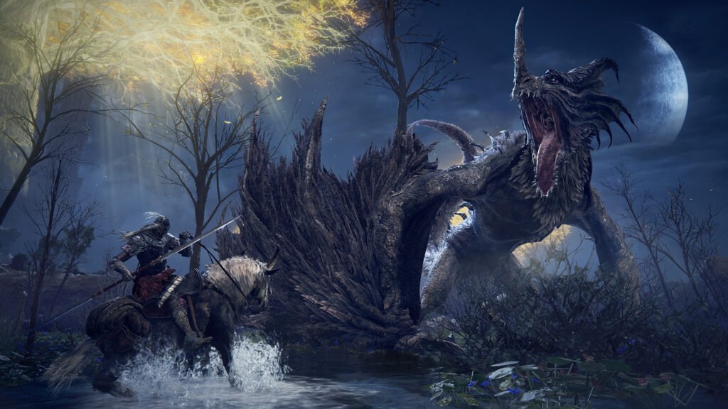 Person in amour riding a horse-like creature, looking up at a dragon-like monster preparing to engage it in combat.